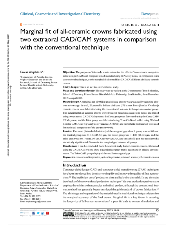 (PDF) Marginal fit of all-ceramic crowns fabricated using two extraoral ...