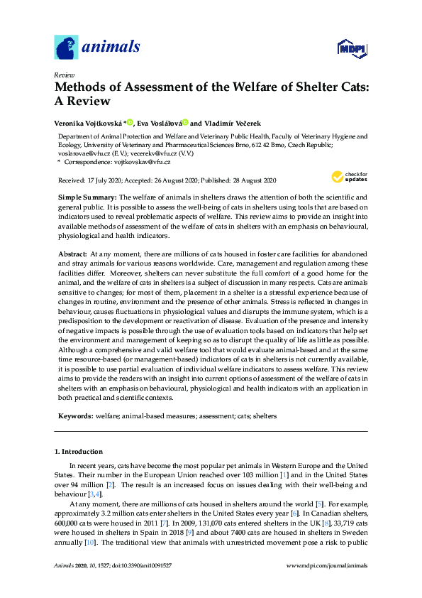 (PDF) Methods of Assessment of the Welfare of Shelter Cats: A Review