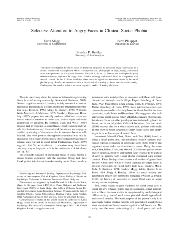 (PDF) Selective Attention to Angry Faces in Clinical Social Phobia