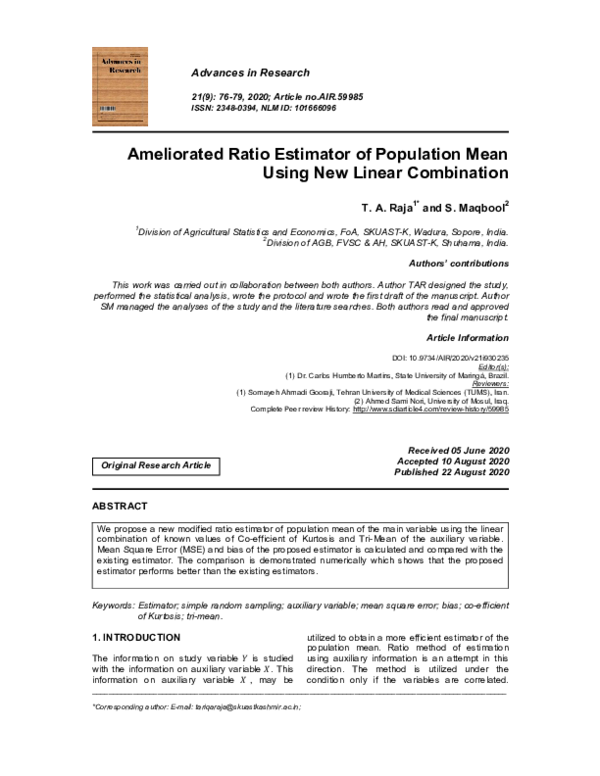 (PDF) Ameliorated Ratio Estimator of Population Mean Using New Linear ...