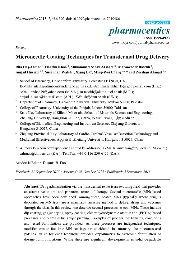 (PDF) Microneedle Coating Techniques for Transdermal Drug Delivery
