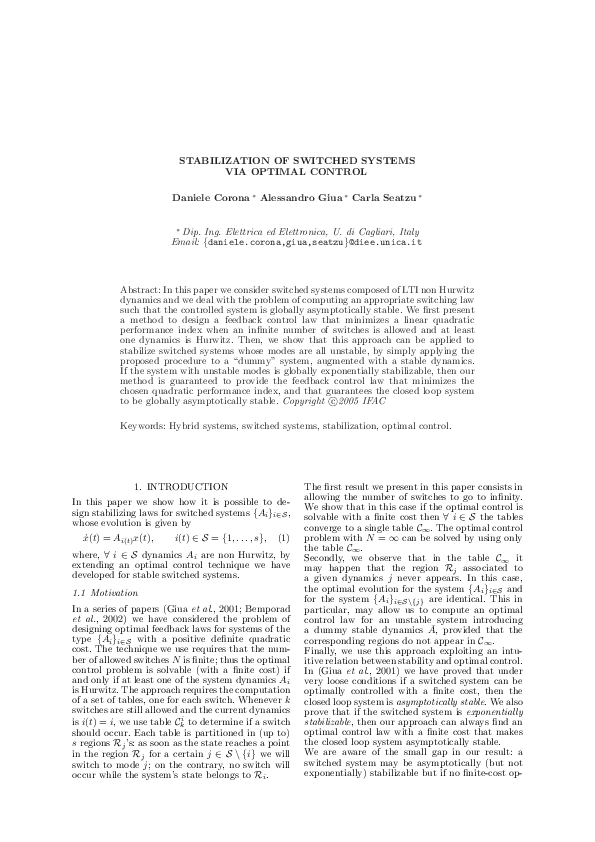 (PDF) Stabilization of switched systems via optimal control