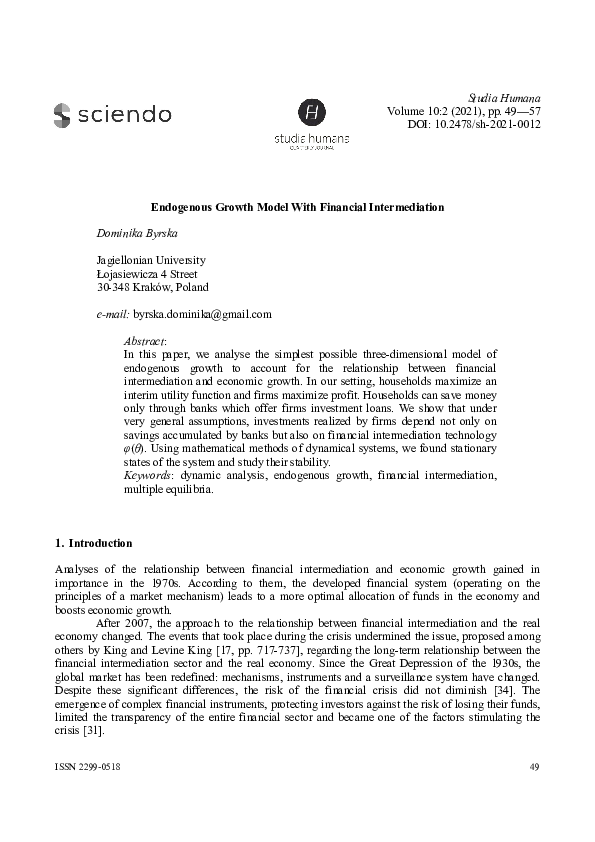 (PDF) Endogenous Growth Model With Financial Intermediation