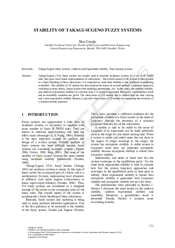 (PDF) Stability of takagi-sugeno fuzzy systems