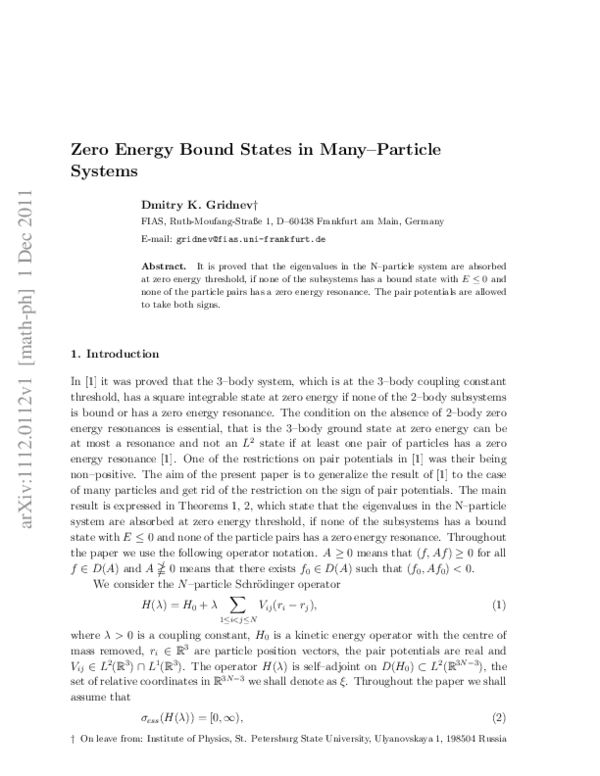 (PDF) Zero energy bound states in many–particle systems