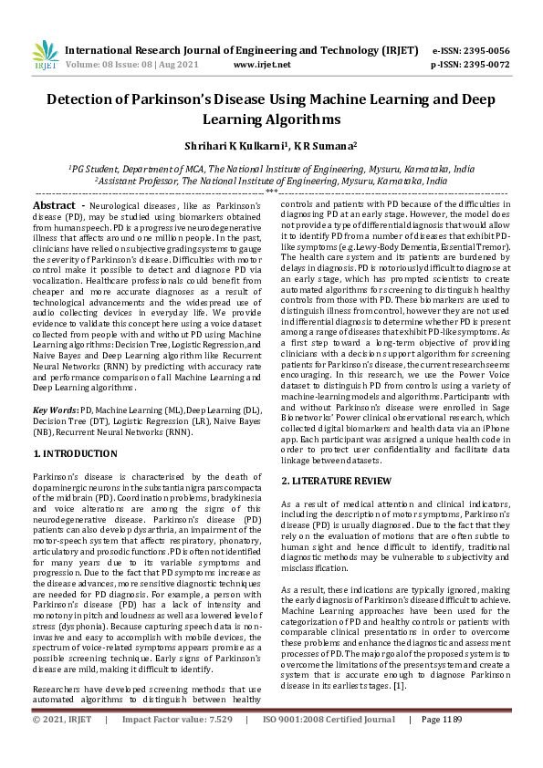 (PDF) IRJET- Detection of Parkinson's Disease Using Machine Learning ...