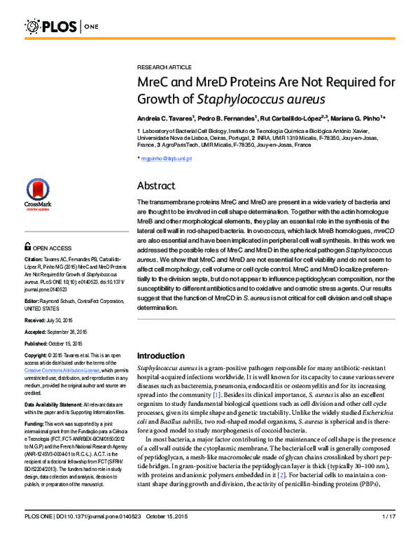 MreC and MreD Proteins Are Not Required for Growth of Staphylococcus aureus