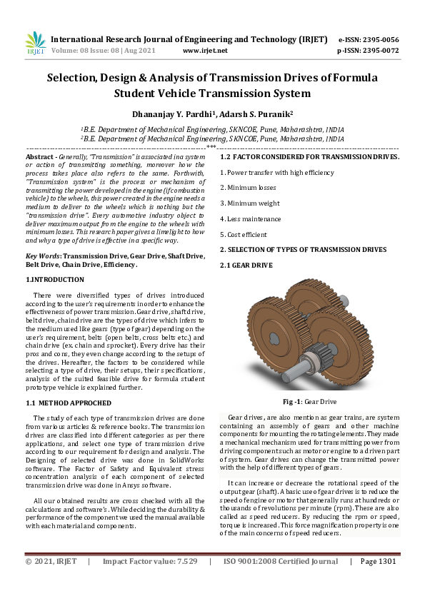 (PDF) IRJET- Selection, Design & Analysis of Transmission Drives of ...