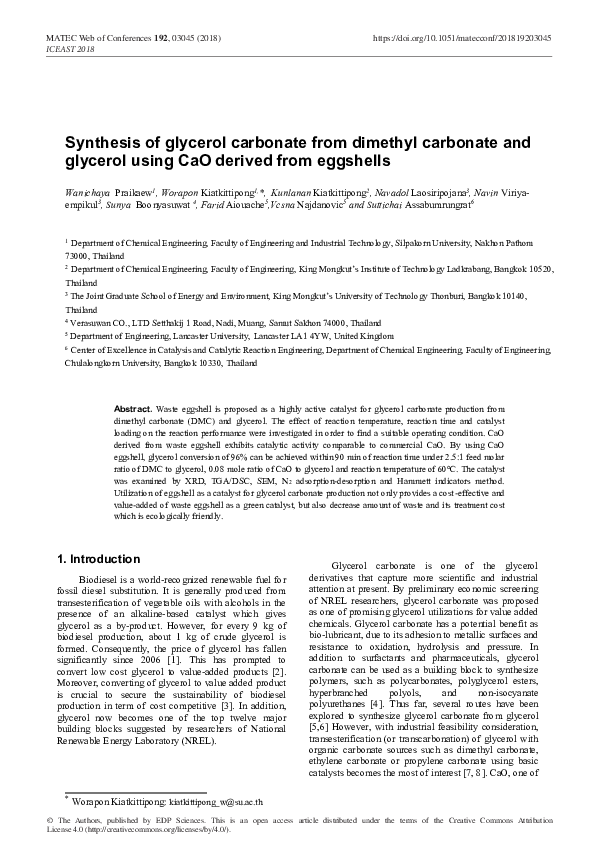 (PDF) Synthesis of glycerol carbonate from dimethyl carbonate and ...