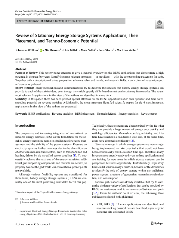 (PDF) Review of Stationary Energy Storage Systems Applications, Their ...