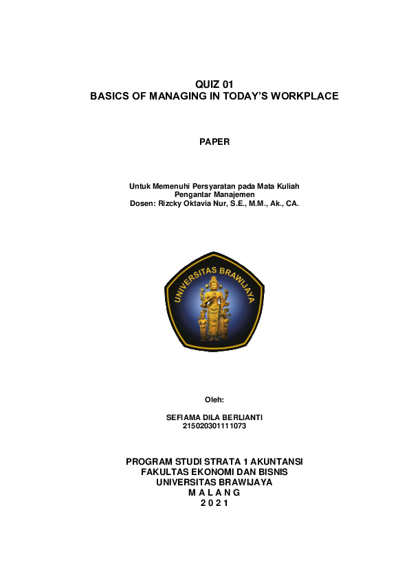 (PDF) QUIZ 01 BASICS OF MANAGING IN TODAY'S WORKPLACE PAPER