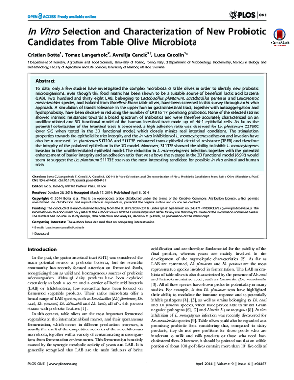 (PDF) In Vitro Selection and Characterization of New Probiotic ...