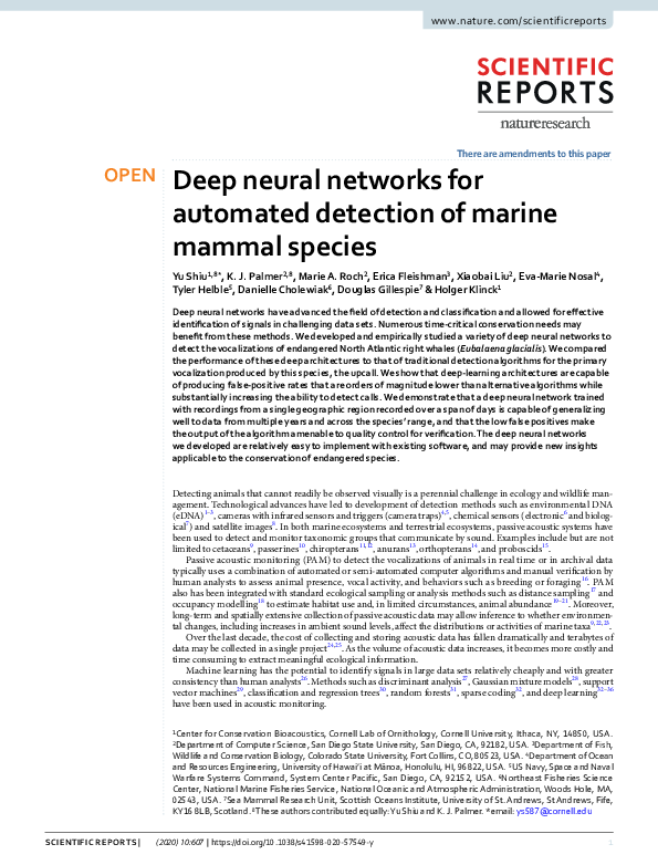 (PDF) Deep neural networks for automated detection of marine mammal species