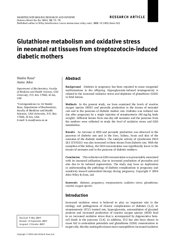(PDF) Glutathione metabolism and oxidative stress in neonatal rat ...