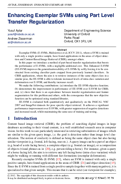 (PDF) Enhancing Exemplar SVMs using Part Level Transfer Regularization