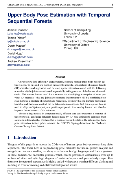 (PDF) Upper Body Pose Estimation with Temporal Sequential Forests