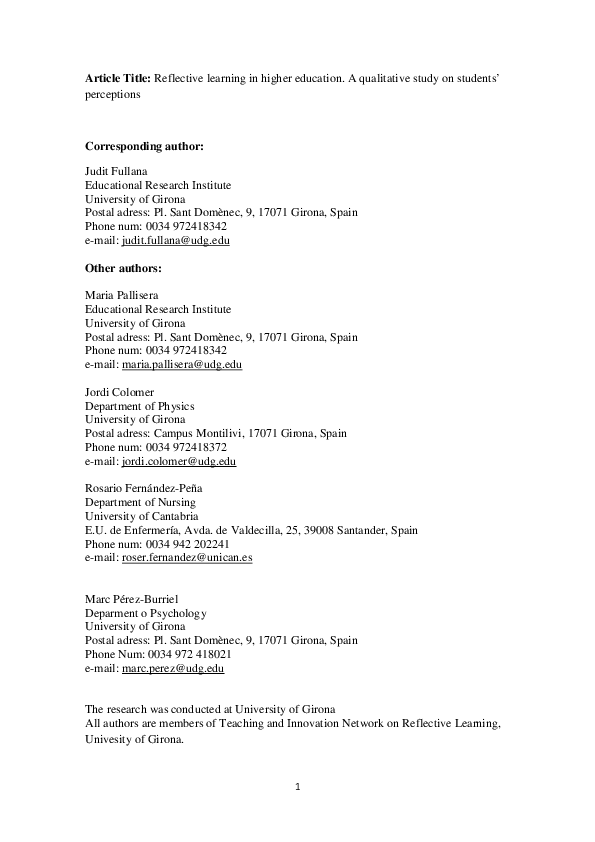 (PDF) Reflective learning in higher education: a qualitative study on ...