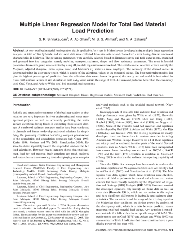(PDF) Multiple Linear Regression Model for Total Bed Material Load ...