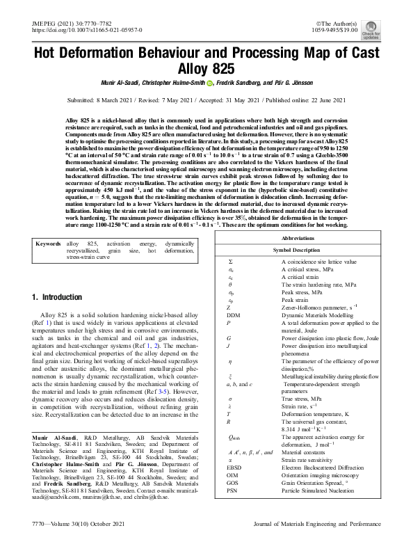(PDF) Hot Deformation Behaviour and Processing Map of Cast Alloy 825 ...