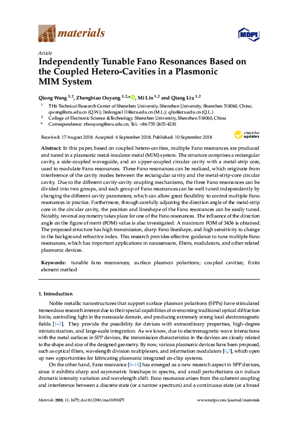 (PDF) Independently Tunable Fano Resonances Based on the Coupled Hetero ...