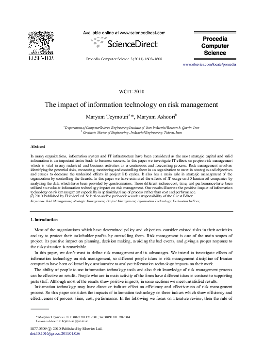 (PDF) The impact of information technology on risk management