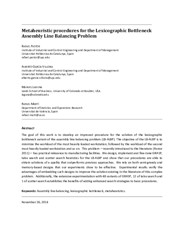 (PDF) Metaheuristic procedures for the lexicographic bottleneck