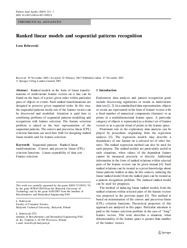 (PDF) Ranked linear models and sequential patterns recognition