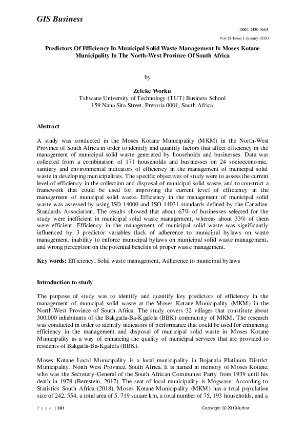 (PDF) Predictors Of Efficiency In Municipal Solid Waste Management In ...
