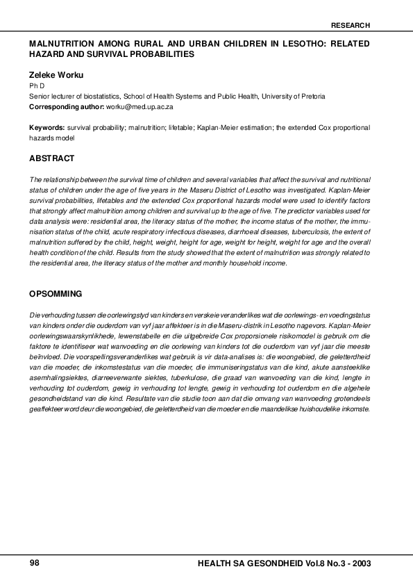 (PDF) Malnutrition among rural and urban children in Lesotho: related ...