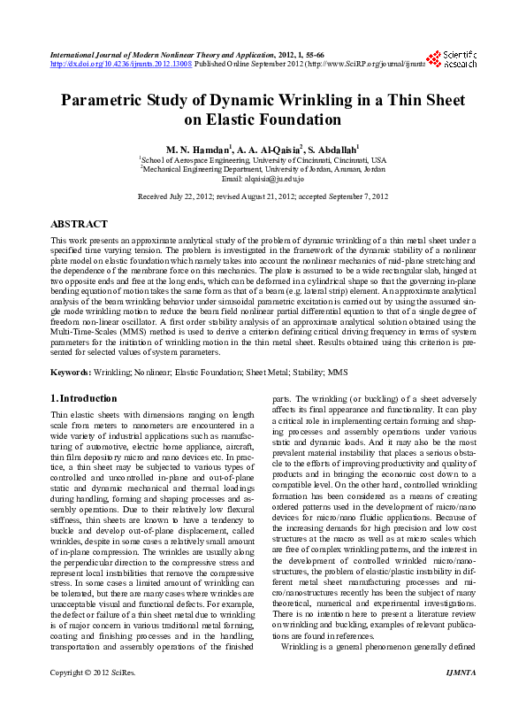(PDF) Parametric Study of Dynamic Wrinkling in a Thin Sheet on Elastic ...
