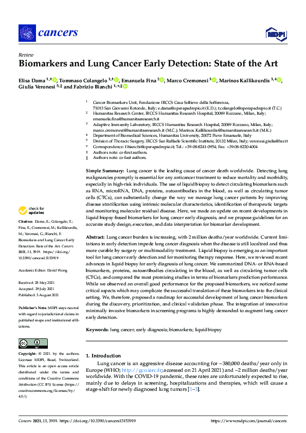 (PDF) Biomarkers and Lung Cancer Early Detection: State of the Art