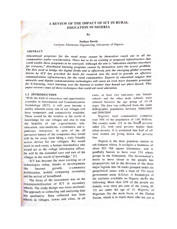  PDF A Review Of The Impact Of Ict In Rural Education In Nigeria 