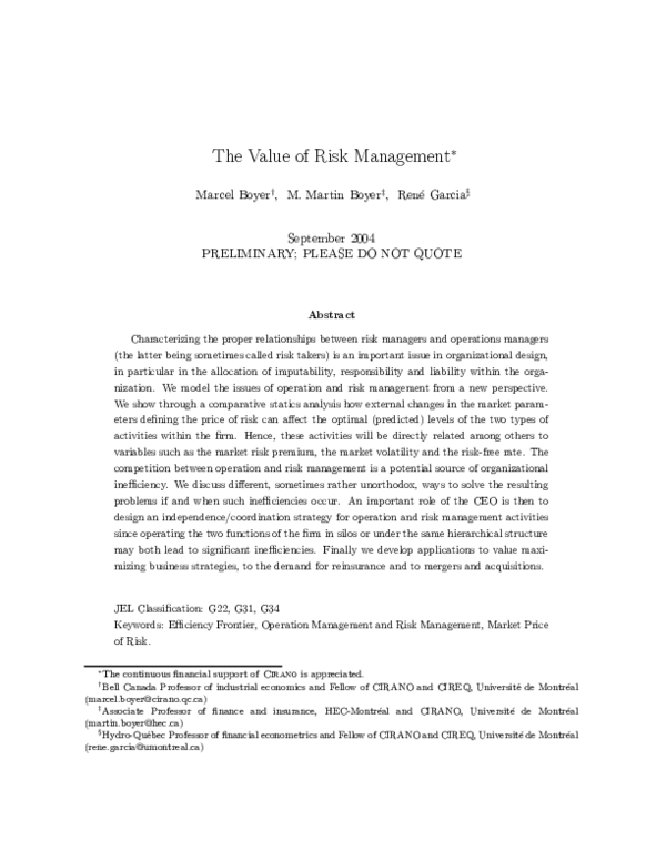 (PDF) The Value of Risk Management