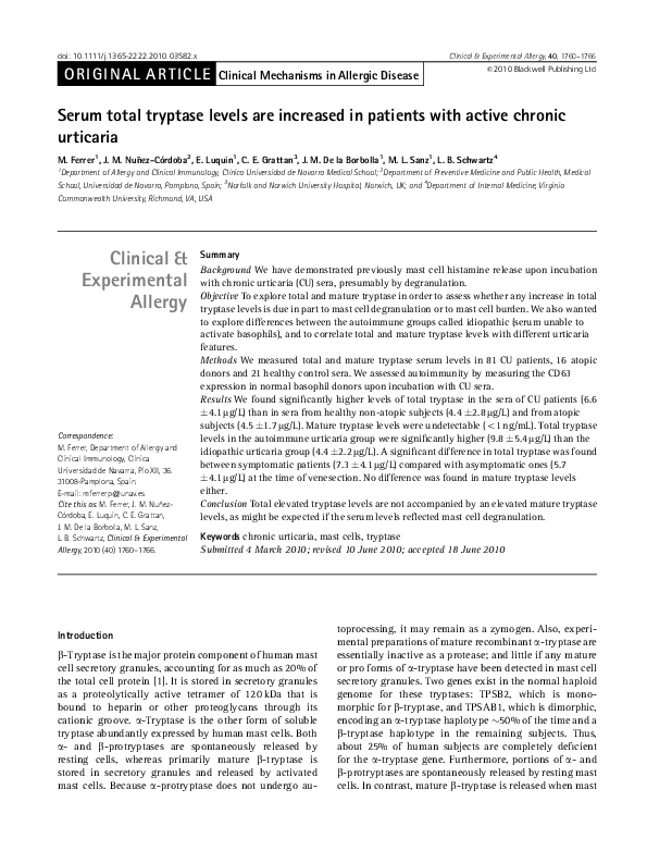 (PDF) Serum total tryptase levels are increased in patients with active ...