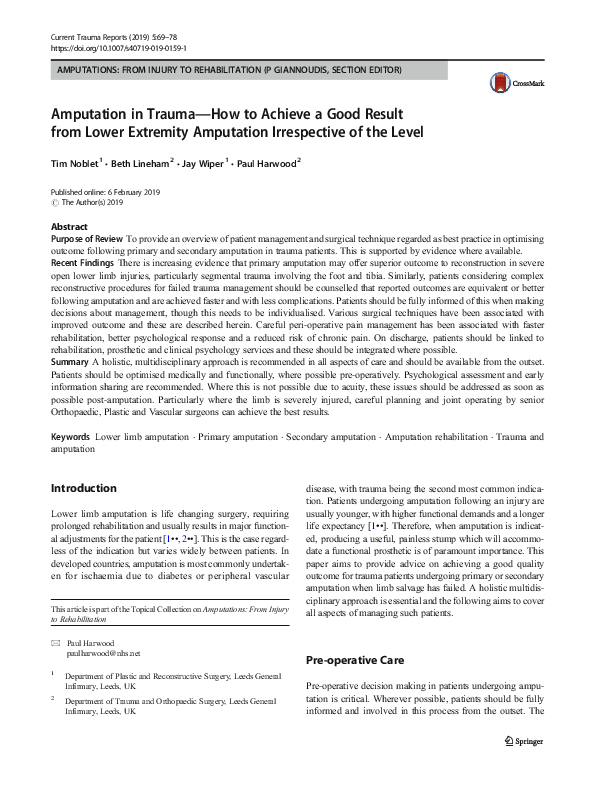 (PDF) Amputation in Trauma—How to Achieve a Good Result from Lower ...