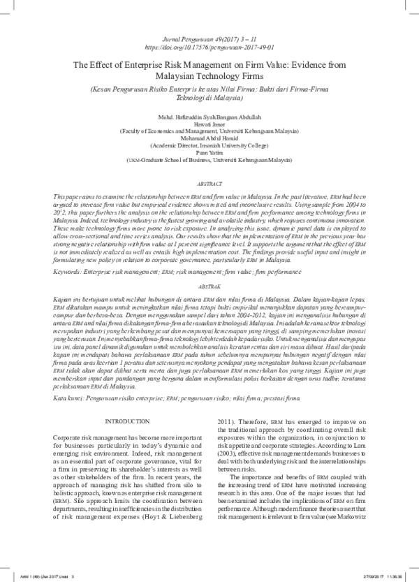 (PDF) The Effect of Enterprise Risk Management on Firm Value: Evidence ...