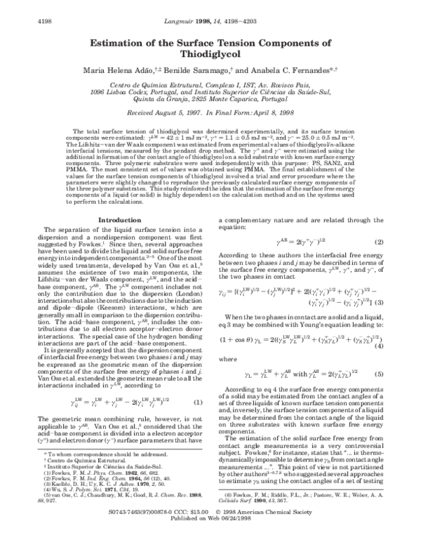 (PDF) Estimation of the Surface Tension Components of Thiodiglycol