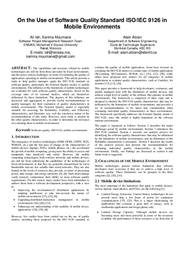 (PDF) On the Use of Software Quality Standard ISO/IEC9126 in Mobile ...
