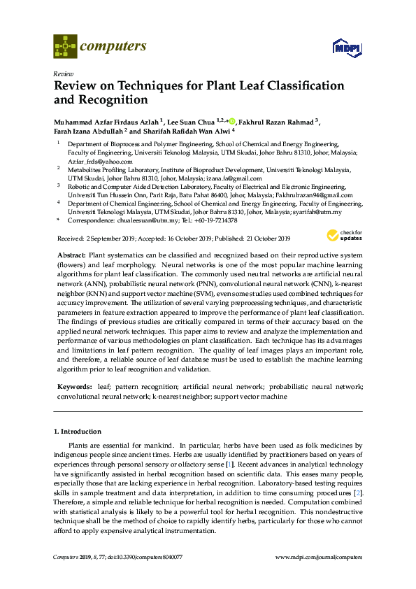 (PDF) Review on Techniques for Plant Leaf Classification and Recognition