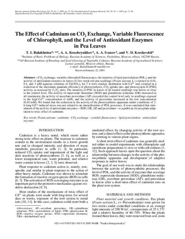 (PDF) The effect of cadmium on CO2 exchange, variable fluorescence of ...