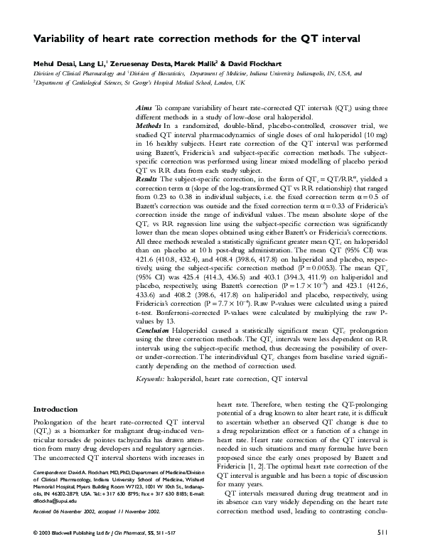 (PDF) Variability of heart rate correction methods for the QT interval