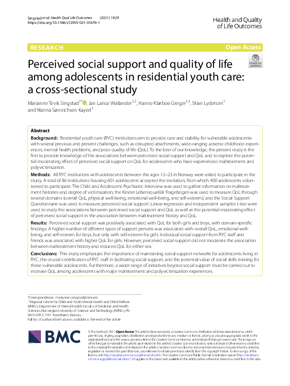 (PDF) Perceived social support and quality of life among adolescents in ...