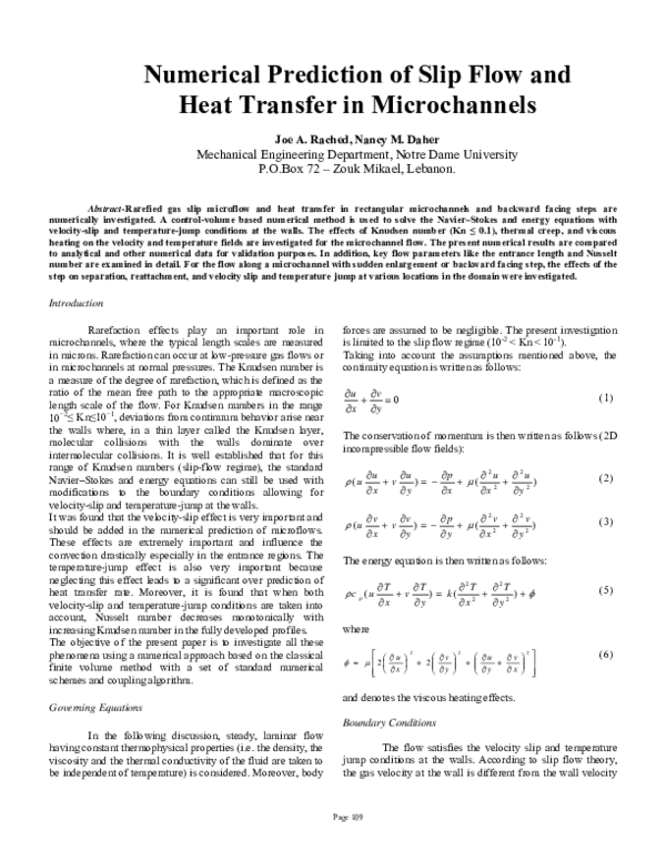 (PDF) Numerical Prediction of Slip Flow and Heat Transfer in Microchannels