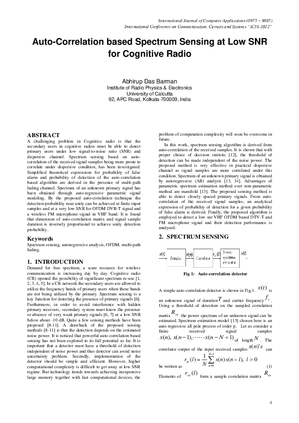 (PDF) Auto-Correlation based Spectrum Sensing at Low SNR for Cognitive ...