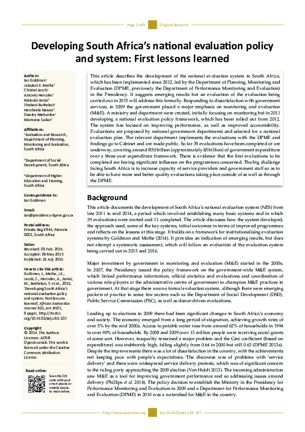 (PDF) Developing South Africa’s national evaluation policy and system ...