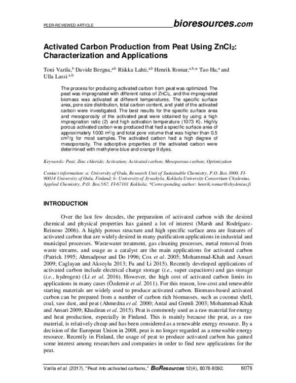 (PDF) Activated carbon production from peat using ZnCl2