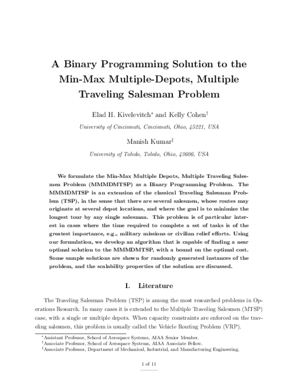 (PDF) A Binary Programming Solution to the Min-Max Multiple-Depots ...
