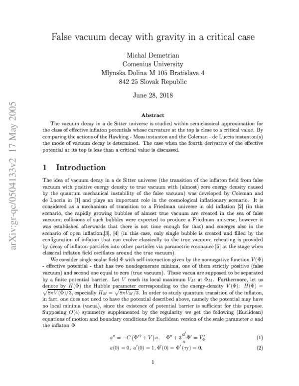 (PDF) False Vacuum Decay with Gravity in a Critical Case