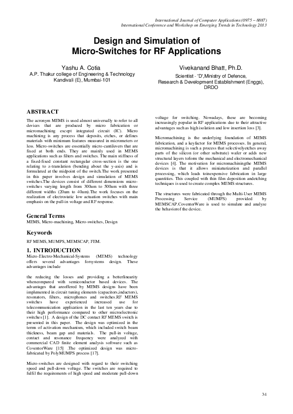 (PDF) Design and Simulation of Micro-Switches for RF Applications