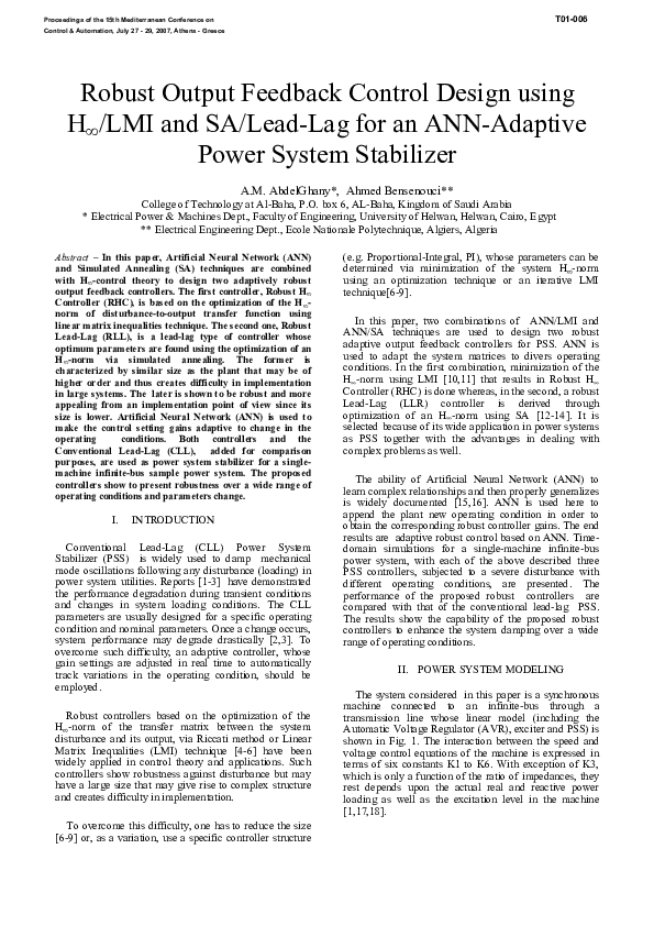 (PDF) Robust output feedback control design using H ∞ /LMI and SA/Lead ...